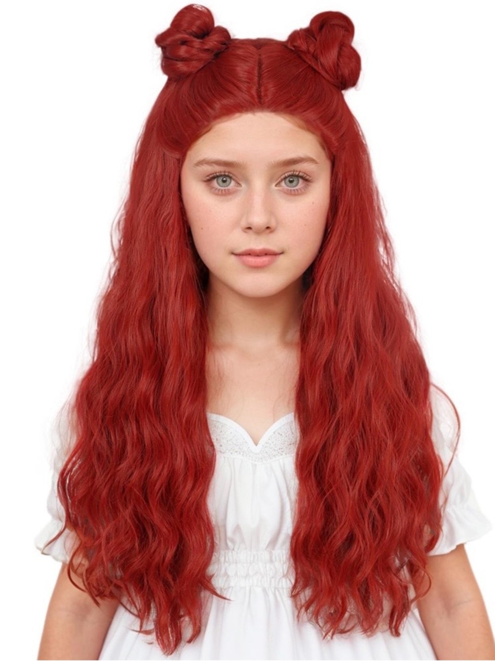 Girls Long Curly Red Cosplay Wig with 2 Buns for Halloween Costume NEW